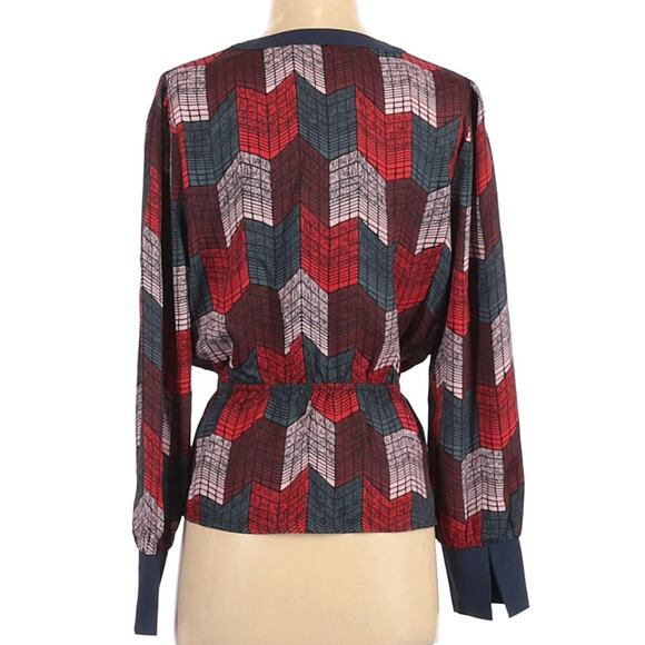 New BCBGMaxAzria Medium Silky Wrap Peplum Blouse Top Geo Chevron Print Red Teal - Picture 10 of 12